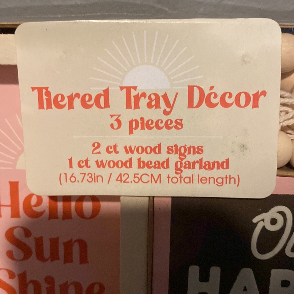 BRAND NEW TIERED TRAY DECOR. 2 CT WOOD SIGN, 1 CT WOOD BEAD GARLAND! NIB. NWT. - Picture 3 of 3